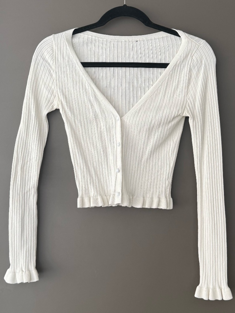 White Ribbed Knit Peplum Cardigan Women’s Size S Fitted Button Front